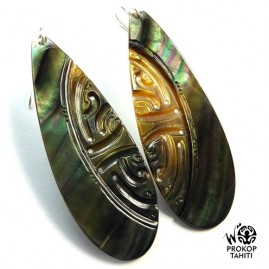 Boucles oreilles argent gouttes xxl nacre prokop tahiti boh13