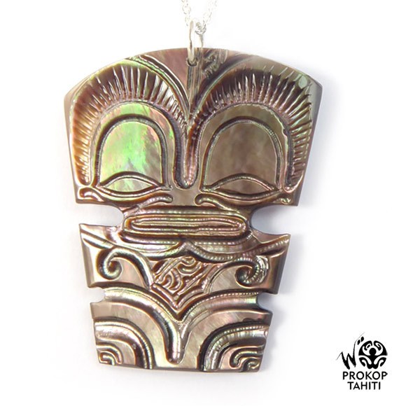 Chaine argent xl pendentif nacre gravee prokop tahiti tiki xl tk12