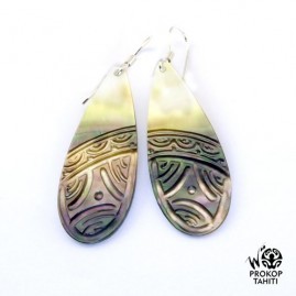 Boucles oreilles argent gouttes tiki nacre prokop tahiti bgs1