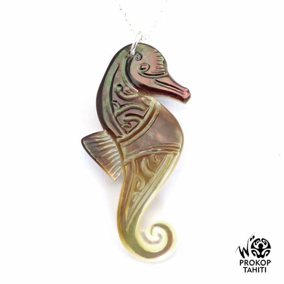 Chaine argent pendentif nacre tahiti hippocampe phb27