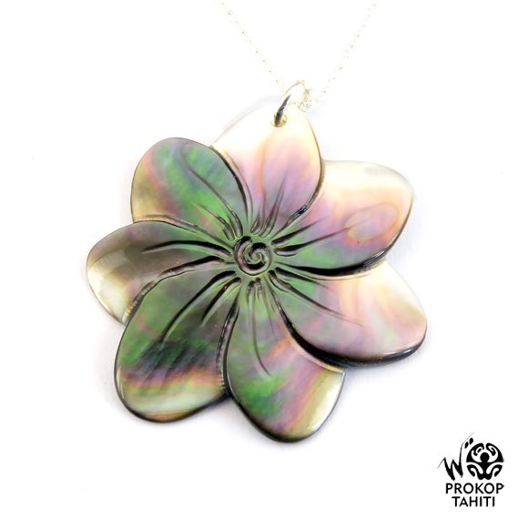 Chaine argent pendentif nacre prokop tahiti fleur tiare ffv