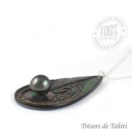 Pendentif goutte perle & nacre de tahiti chaine argent tt237