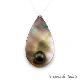 Pendentif goutte perle & nacre de tahiti chaine argent tt260