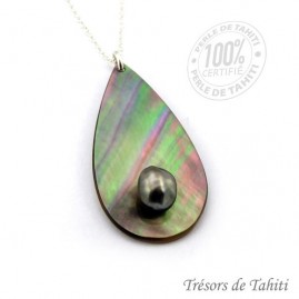Pendentif goutte keishi & nacre de tahiti chaine argent tt265