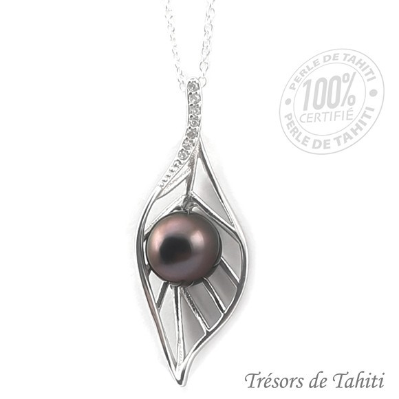 Pendentif perle de tahiti feuille chaine argent tt344