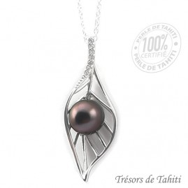Pendentif perle de tahiti feuille chaine argent tt344