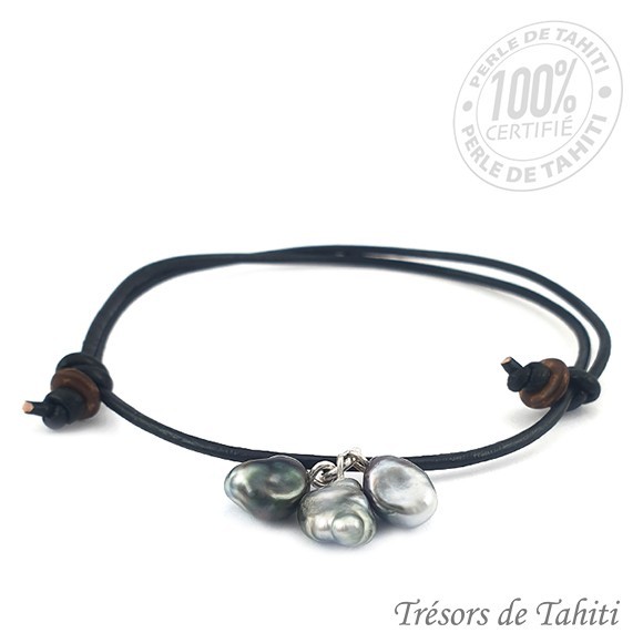Bracelet cuir 3 keishis de tahiti tt348 Bracelet cuir 3 keishis de tahiti tt348