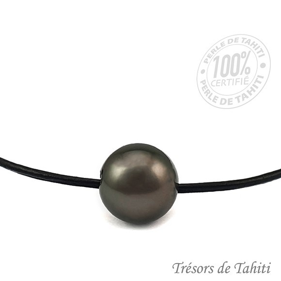 Collier cuir ras du cou perle de tahiti semi ronde tt370 Collier cuir ras du cou perle de tahiti semi ronde tt370