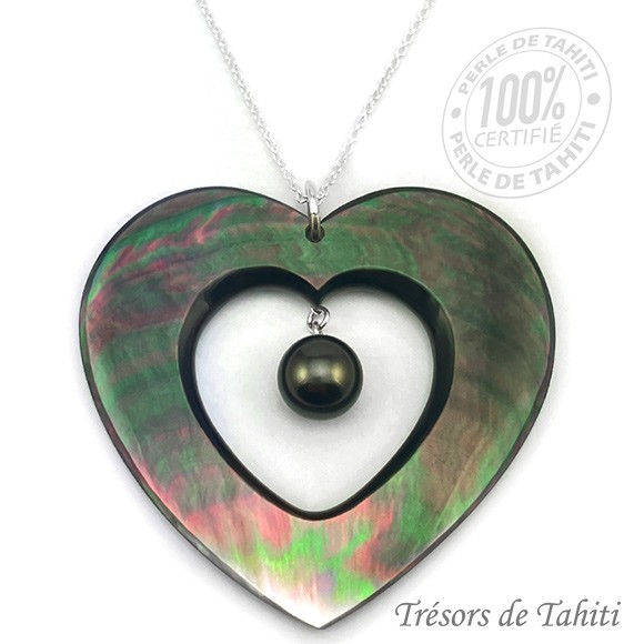 Pendentif Grand Coeur de Perle de Tahiti Chaine Argent TT418 Pendentif Grand Coeur de Perle de Tahiti Chaine Argent TT418
