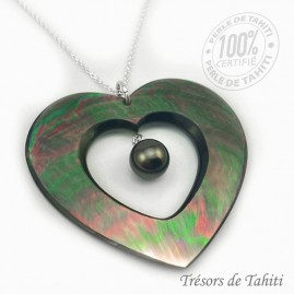 Pendentif Grand Coeur de Perle de Tahiti Chaine Argent TT418
