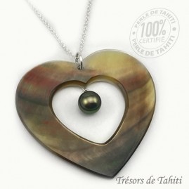 Pendentif Grand Coeur de Perle de Tahiti Chaine Argent TT420