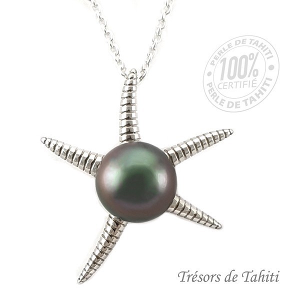 Pendentif perle de tahiti etoile de mer chaine argent tt316