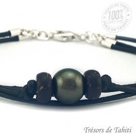 Bracelet homme cuir perle de Tahiti gravée - M