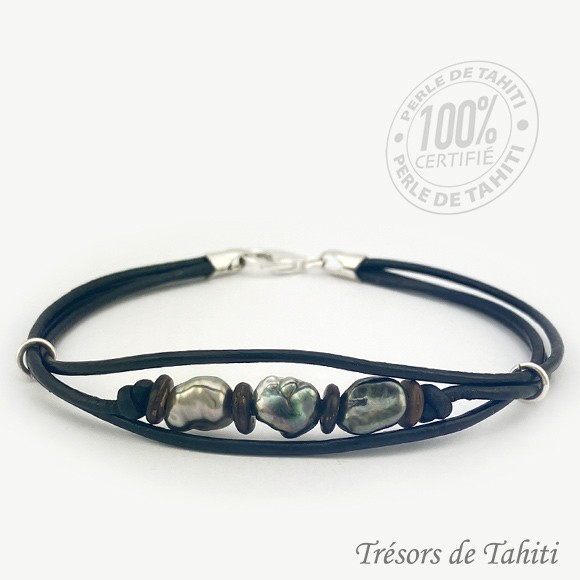 Bracelet en cuir avec perles de culture de Tahiti
